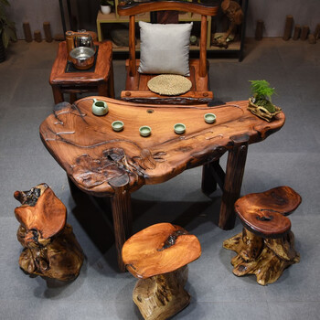 铭篆工艺 树头树桩茶桌树根实木茶几原木排水茶海木雕雕刻茶台 一套的