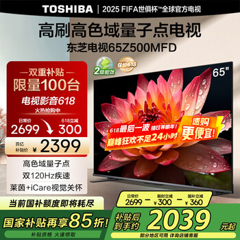 国家补贴：东芝 电视65Z500MFD 65英寸 120Hz高刷高色域 量子点 3+64GB 4K超清