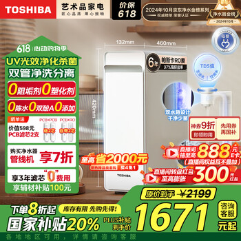东芝(TOSHIBA)大白梨净水器 国家补贴 0阻垢剂 双管UV杀菌 家用厨下式1000G 母婴认证 6年帕斯卡RO直饮TSC1000