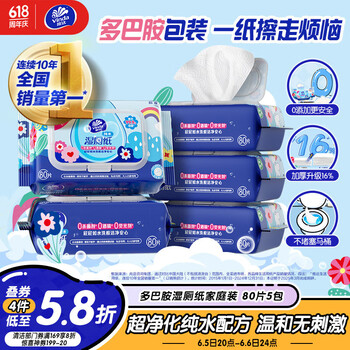 维达(Vinda)湿厕纸 家庭装80片*5包 RO纯水 多巴胺 厕纸湿巾 湿厕纸可冲散
