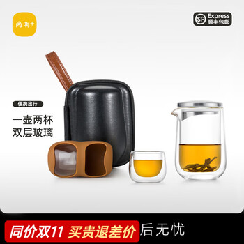 尚明（SAMADOYO） 玻璃快客杯一壶二杯旅行套装简易过滤玻璃泡茶壶户外车载茶具 一壶两杯（PU皮）白色