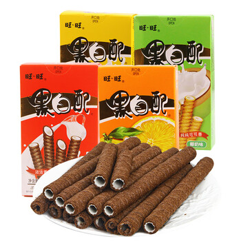 旺旺黑白配56g巧克力味香草味椰奶味夹心卷蛋卷饼干休闲零食小吃饼干 黑白配焦糖奶香味56g