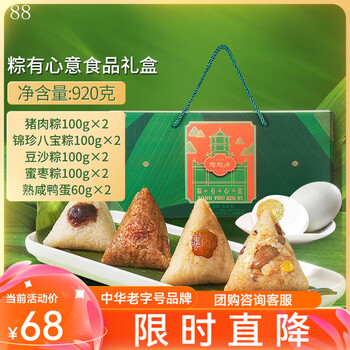 陶陶居端午节粽子礼盒 广东嘉兴特产蛋黄鲜肉豆沙蜜枣粽子团购送礼福利 粽有心意礼盒920g(8粽2鸭蛋)