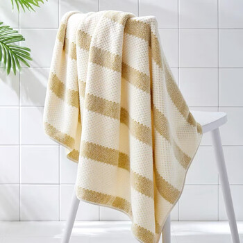 三利 家用吸水速干成人男女大毛巾加大柔软裹巾条纹简约不掉毛浴巾 黄色 275g