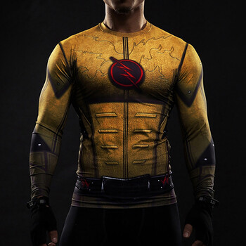英雄兄弟肌肉紧身衣潜水训练健身服速干长袖男t恤 金色闪电侠-长袖 s