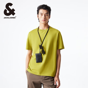 杰克·琼斯(JACK&JONES)夏季新款男装撞色斜纹半袖上衣直筒版圆领短袖T恤 224201344野营绿 S 170