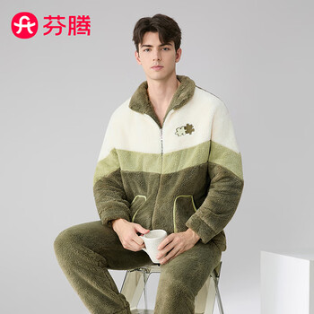 芬腾情侣睡衣长毛绒秋冬新款立领拉链睡衣男女开衫运动家居服套装 灰绿（男款） L