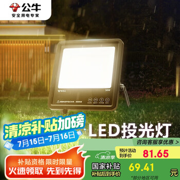 公牛(BULL)LED投光灯户外路灯庭院灯工地灯露营灯 IP65防水50W-3000K暖白光
