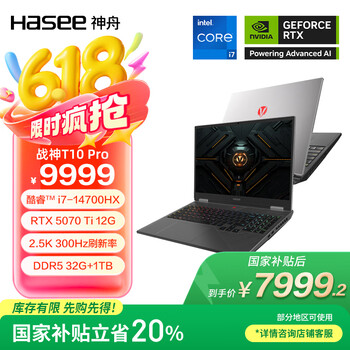 神舟（HASEE）【国家补贴20% RTX5070Ti】战神T10 Pro 16英寸游戏本笔记本电脑(i7-14700HX 32G 1TB 2.5K 300Hz)
