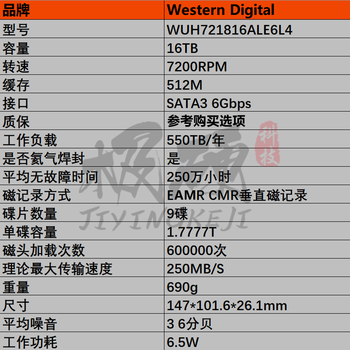 西部数据(Western Digital)WD西数HC550 16TB SATA 6Gb企业级硬盘16T 顺丰拆机国行WUH721816ALE6L4(店保1