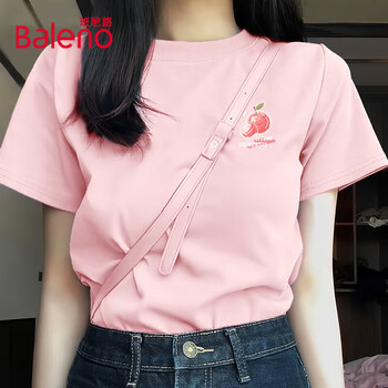 班尼路BALENO短款纯棉短袖T恤女2025年夏季女装新款简约时尚百搭粉色水果上衣 粉#水彩荔枝k L
