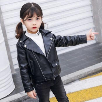 女童皮衣2019春装新款男女宝宝韩版短款皮外套女童机车夹克潮 黑色 90