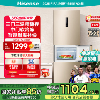 海信(Hisense)220升三门风冷冰箱 无霜抗菌家用节能省电三开门家用出租房小型电冰箱 BCD-220WYK1DQ 金色