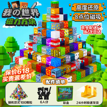 活石我的世界磁力方块积木大颗粒磁吸儿童玩具3-6-12岁六一儿童节礼物 进阶款【100pcs+6人仔】彩盒