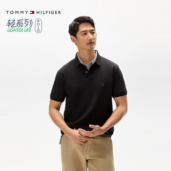TOMMY HILFIGER【透气舒适】夏季男装珠地网眼商务休闲纯色短袖POLO衫JA572 【经典百搭】黑色BDS L (推荐:150-165斤)