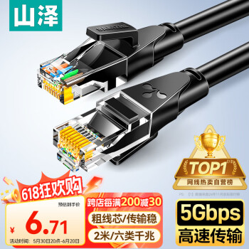 山泽 WD6020 六类CAT6 圆线千兆网线 2m 黑色