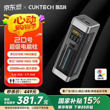CUKTECH酷态科20号超级电能柱25000毫安时移动电源多口210W单口140W充电宝适用小米/笔记本户外电源