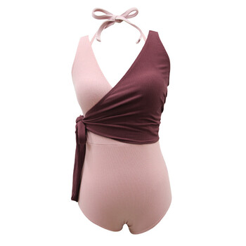 2019新款连体泳衣女士拼接三角蝴蝶结系带性感露背温泉泳衣 粉色 l