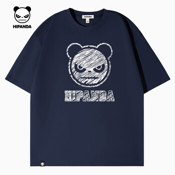 HI PANDA你好熊猫短袖T恤男美式高街痞帅个性夏季舒适透气重磅纯棉五分袖 【100%纯棉】-深蓝#JDP熊猫粉笔 M