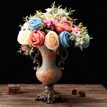 摆件家居饰品花瓶欧式古典东南亚风格创意复古大气仿真玫瑰花花器装饰
