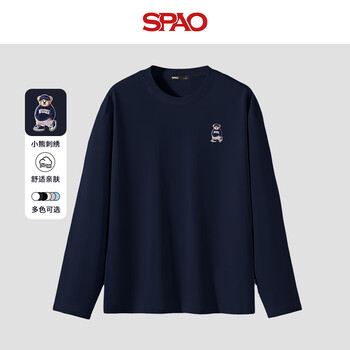 SPAO纯棉长袖T恤男女2025年春秋新款户外运动通勤上衣SPCX25ST01XY 藏青/海军熊-贴布绣 XL