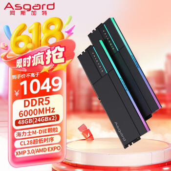 阿斯加特 48GB(24GBx2) DDR5 6000 台式机内存条 女武神·瓦尔基里II代 RGB灯条 海力士M-die CL28 极夜黑