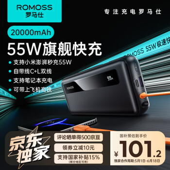 罗马仕 55W自带线充电宝20000毫安快充移动电源 可上飞机适用于小米/苹果/红米/笔记本 黑色
