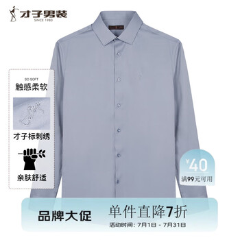 才子(TRIES)男装长绒棉刺绣款亲肤柔滑长袖纯色商务白衬衫绅士简约正装衬衣 灰色 2XL 41(175/96A)
