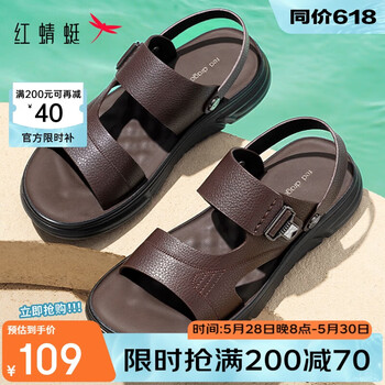 红蜻蜓沙滩鞋夏季户外休闲透气凉鞋男爸爸鞋男士皮凉鞋WTT24122棕色42