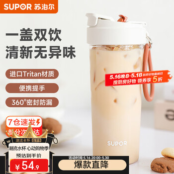 苏泊尔(SUPOR)水杯大容量运动吸管杯男女士学生Tritan水杯夏季户外塑料杯子 椰子棕+便携提手650ml