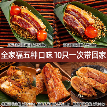 吴越斋 粽子嘉兴口味肉粽/蛋黄肉粽全家福手工营养早餐真空独立包装粽子 【爆款A全家福半斤粽10袋】2500g
