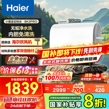 海尔(Haier)【咨询领补贴】双胆电热水器扁桶小魔盒BK3pro无垢净水洗免清洗镁棒免换3300W变频节能一级能效 60L 3300W BK3pro内胆免清洗
