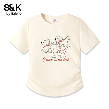 班尼路S&K系列气质辣妹抽褶收腰短款上衣夏季正肩休闲短袖T恤女装 杏-红线小狗 S