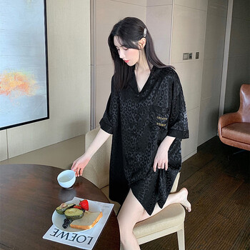 冰丝睡裙女夏季短袖提花休闲性感衬衫宽松睡衣可外穿网红款家居服 095 XL 码推荐115-135斤