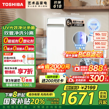 东芝（TOSHIBA）大白梨净水器国家补贴 0阻垢剂0添加 双管UV杀菌家用厨下式800G  母婴认证6年帕斯卡RO直饮TSC800