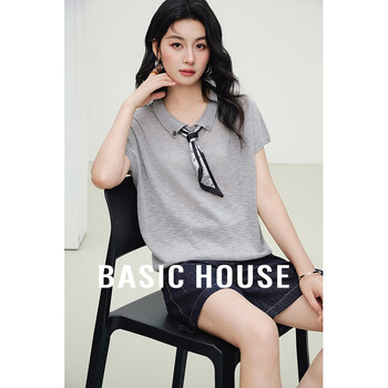 百家好(Basic House)Basic House/百家好翻领丝巾短袖针织衫夏季新款撞色短款套头上衣 灰色 M