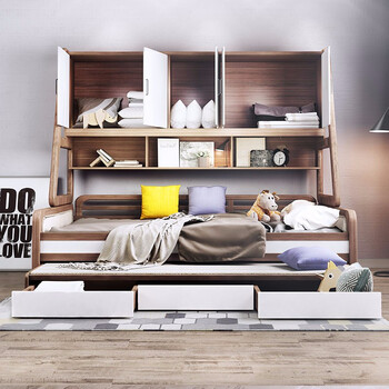 酷漫居 儿童床白蜡木多功能侧柜床环保儿童家具男孩女孩储物床 1200*
