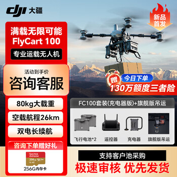 大疆DJI 大型载重无人机 FlyCart100 旗舰80公斤运输机【含FC100+电池*2+降落伞+遥控器+旗舰双电吊运】