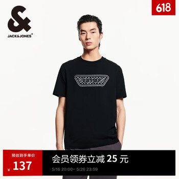 杰克·琼斯(JACK&JONES)男装25年短袖T恤男士夏季纯棉潮流休闲圆领哥特字母高端黑色半袖 E40黑色 常规 L