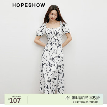 红袖奥莱夏季新款女装【蝴蝶之舞】收腰方领印花裙 米底黑花670 M