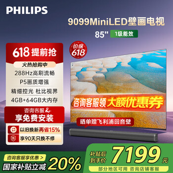 飞利浦（PHILIPS）85英寸MiniLED游戏壁画艺术电视 288Hz护眼屏4+64G智能平板85PML9099/T3一级能效政府补贴20%
