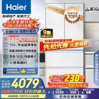 PLUS会员：海尔 Haier 485升超薄零距离自由嵌入式全空间保鲜风冷无霜一级变频电冰箱 法式四开门 BCD-485WGHFD1BWLU1