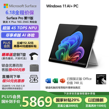 微软(Microsoft)Surface Pro第11版 二合一笔记本电脑 国家政府补贴20% 轻薄本 AI PC 骁龙X Plus 16G 256G 亮铂金