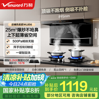 万和（Vanward）【顶侧双吸WL856】抽油烟机家用25m³大吸力上下超薄挥手控制自动清洗可配燃气灶国家补贴20% 【烟灶套】5.0kw大火+超长定时灶T5L95 顶侧双吸WL856