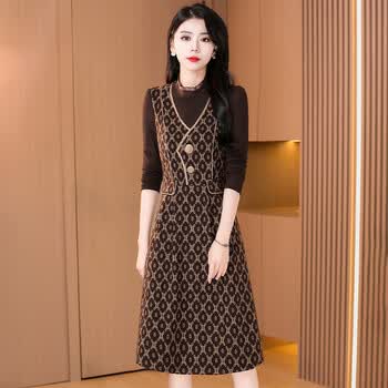 demellier品牌女装假两件连衣裙女冬2022新款气质减龄靓衣佰加绒咖色m