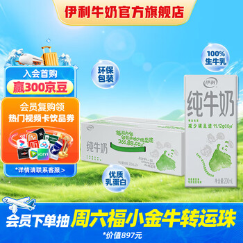 伊利纯牛奶200ml*24盒/箱 全脂营养乳蛋白 环保装 礼盒装 6月产 环保包装