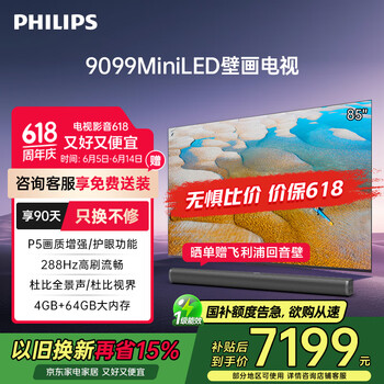 国家补贴、PLUS会员：飞利浦 85英寸 MiniLED 游戏壁画电视608分区