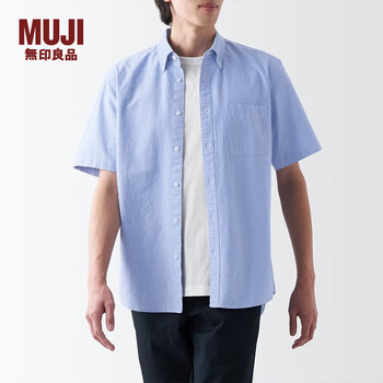 无印良品(MUJI)男式 棉水洗牛津纽扣领短袖衬衫 休闲百搭 纯棉全棉 男士衬衣外套 萨克森蓝 S(165/84A)