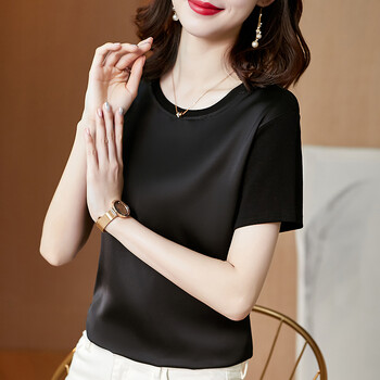 轻奢品纯三醋酸面料洋气真丝上衣女小衫丝绸夏季缎面天丝短袖t恤夏