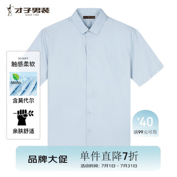 才子（TRIES）男士短袖白衬衫莫代尔刺绣商务正装新款休闲衬衣职业纯色百搭上衣 绿色 42 (180/100A)